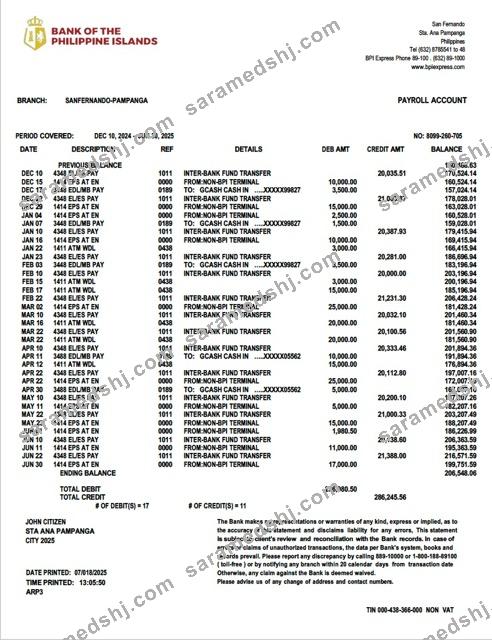 Philippines Bank of the Philippine Islands account statement Word and PDF template